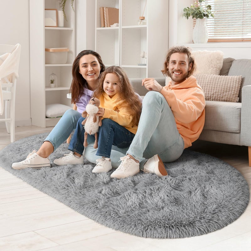 LOCHAS Bedroom Rug 2.6' x 5.3', Gray Fluffy Shaggy Area Rug for Bedroom Bedside, Soft Oval Throw Rugs Carpet for Kids Girls Nursery Living Room Home Decor - Image 2